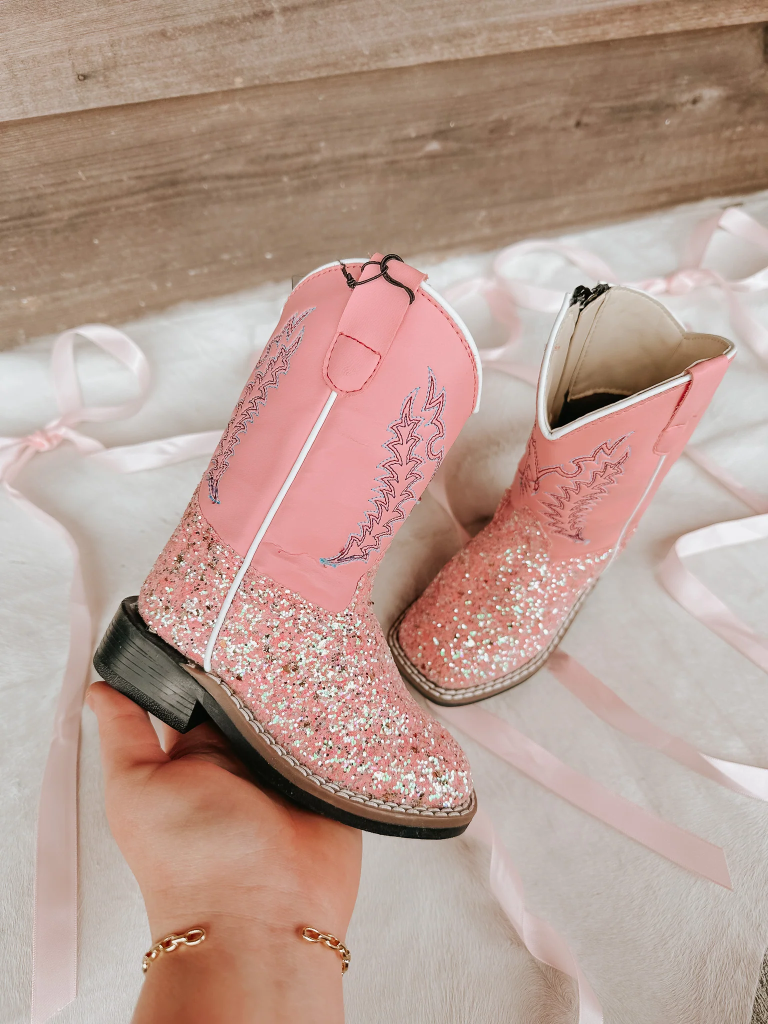 OLD WEST TODDLER PINK GLITTER SQUARE TOE BOOTS - Image 2