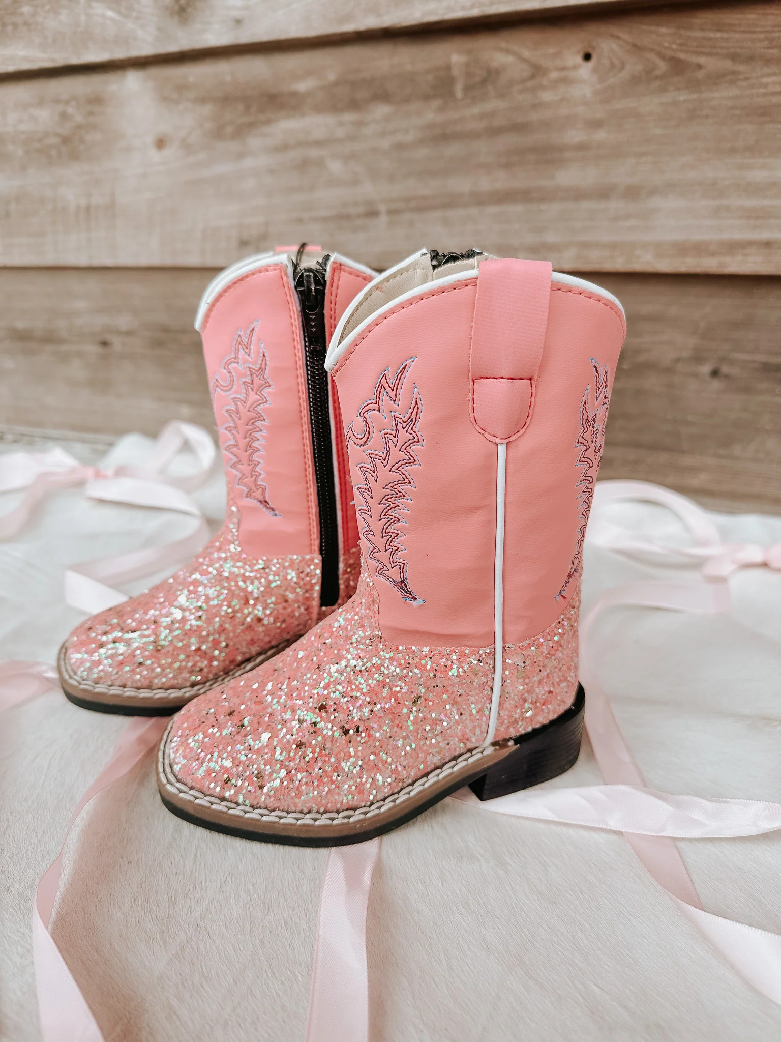 OLD WEST TODDLER PINK GLITTER SQUARE TOE BOOTS - Image 3
