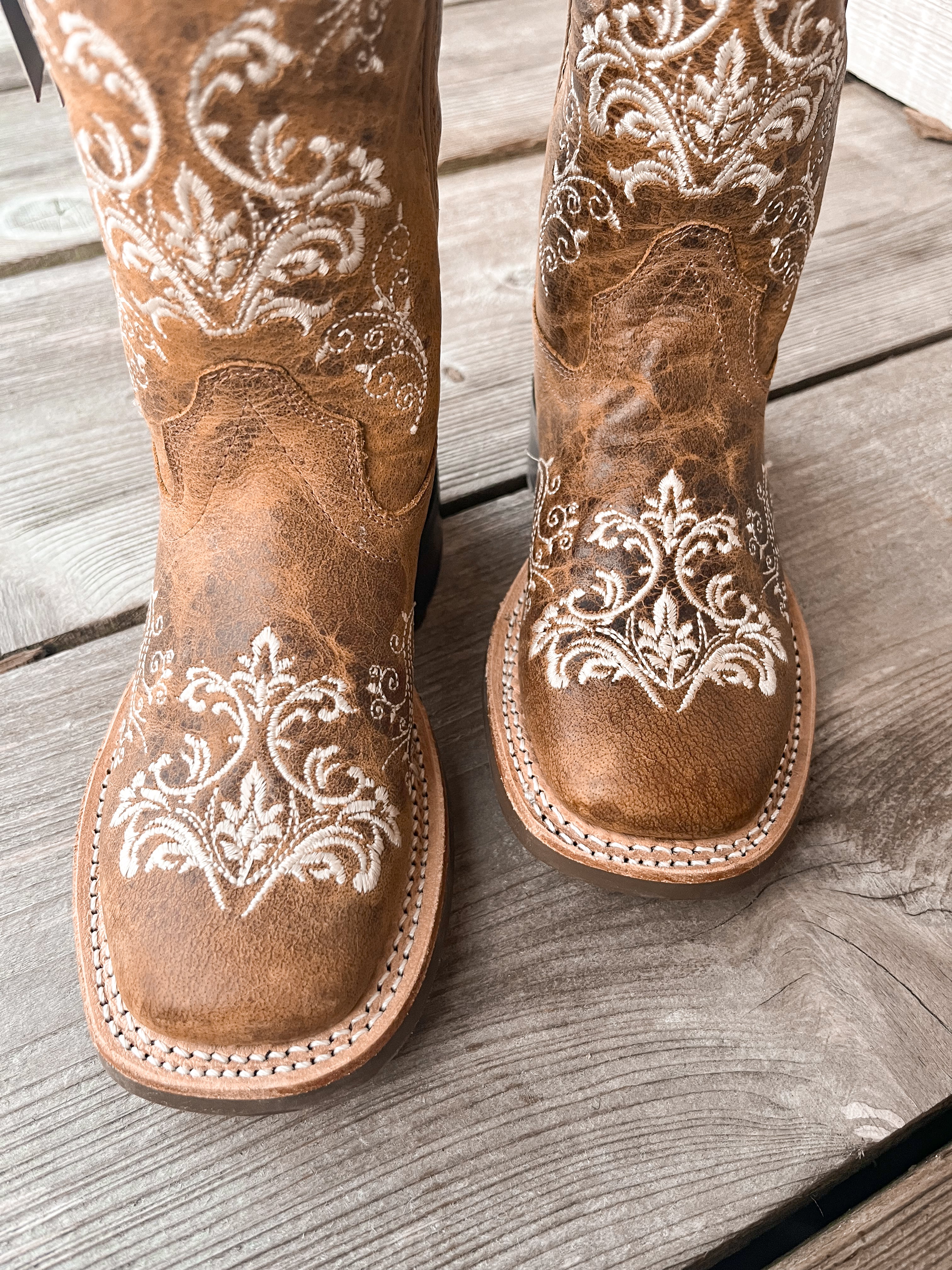 YOUTH OLD WEST WELTED BROWN LEATHER SQUARE TOE BOOTS - Image 2