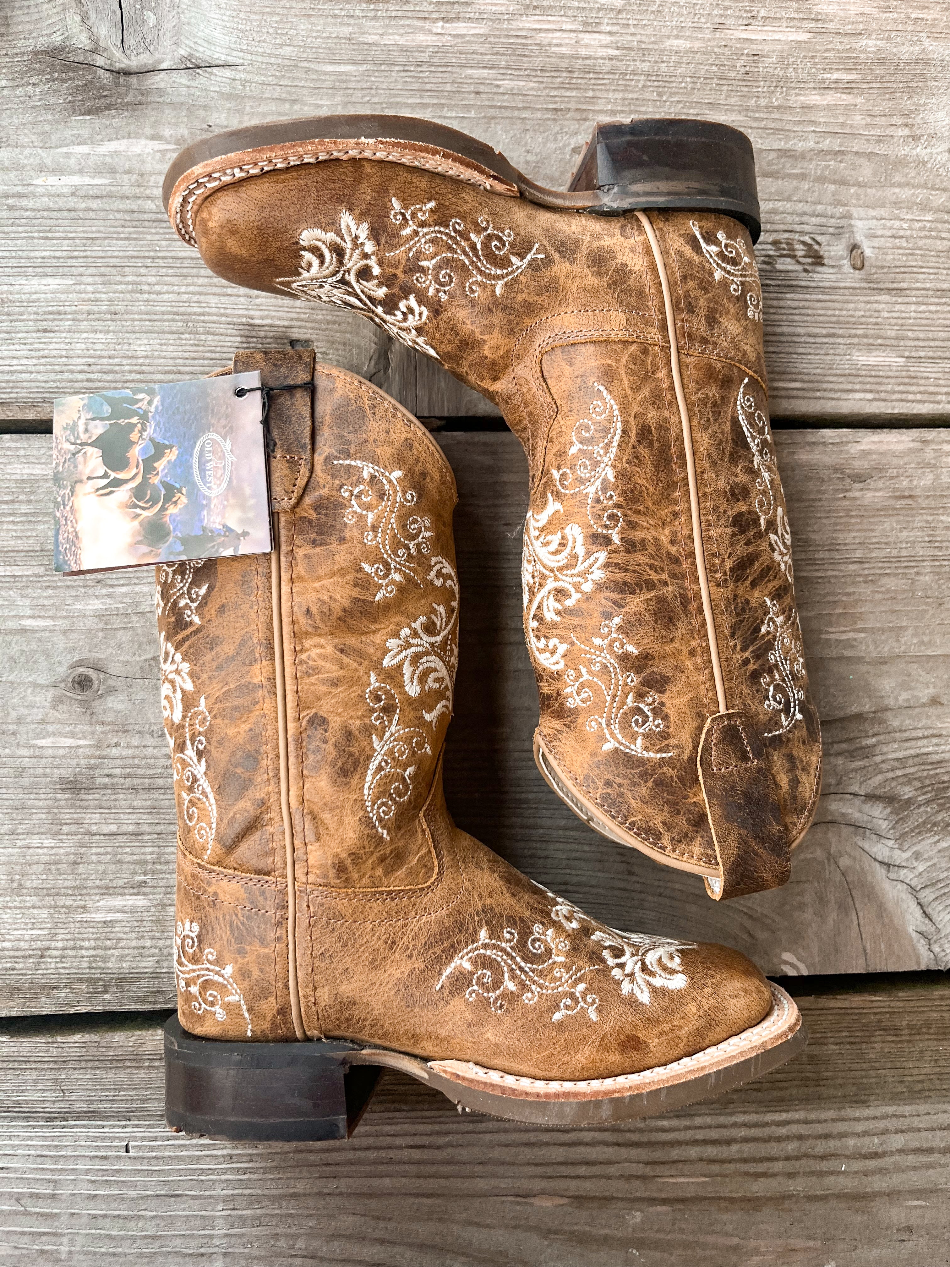 YOUTH OLD WEST WELTED BROWN LEATHER SQUARE TOE BOOTS - Image 3