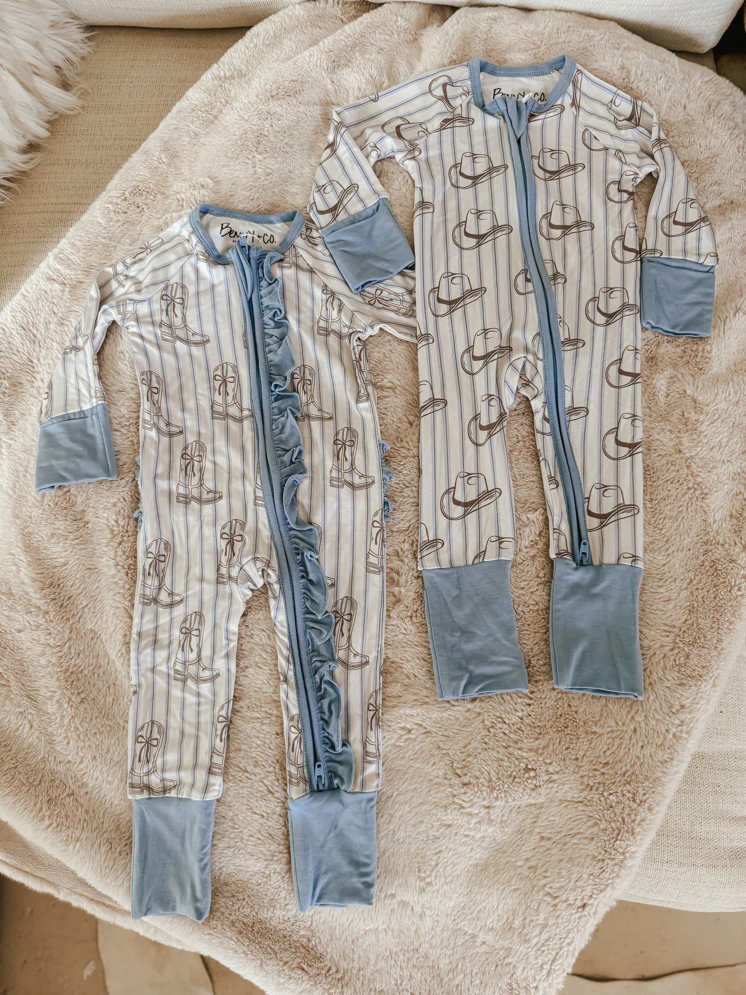 Western Blues Striped Bamboo Sleeper - Cowgirl Boot & Cowboy Hat - Image 10