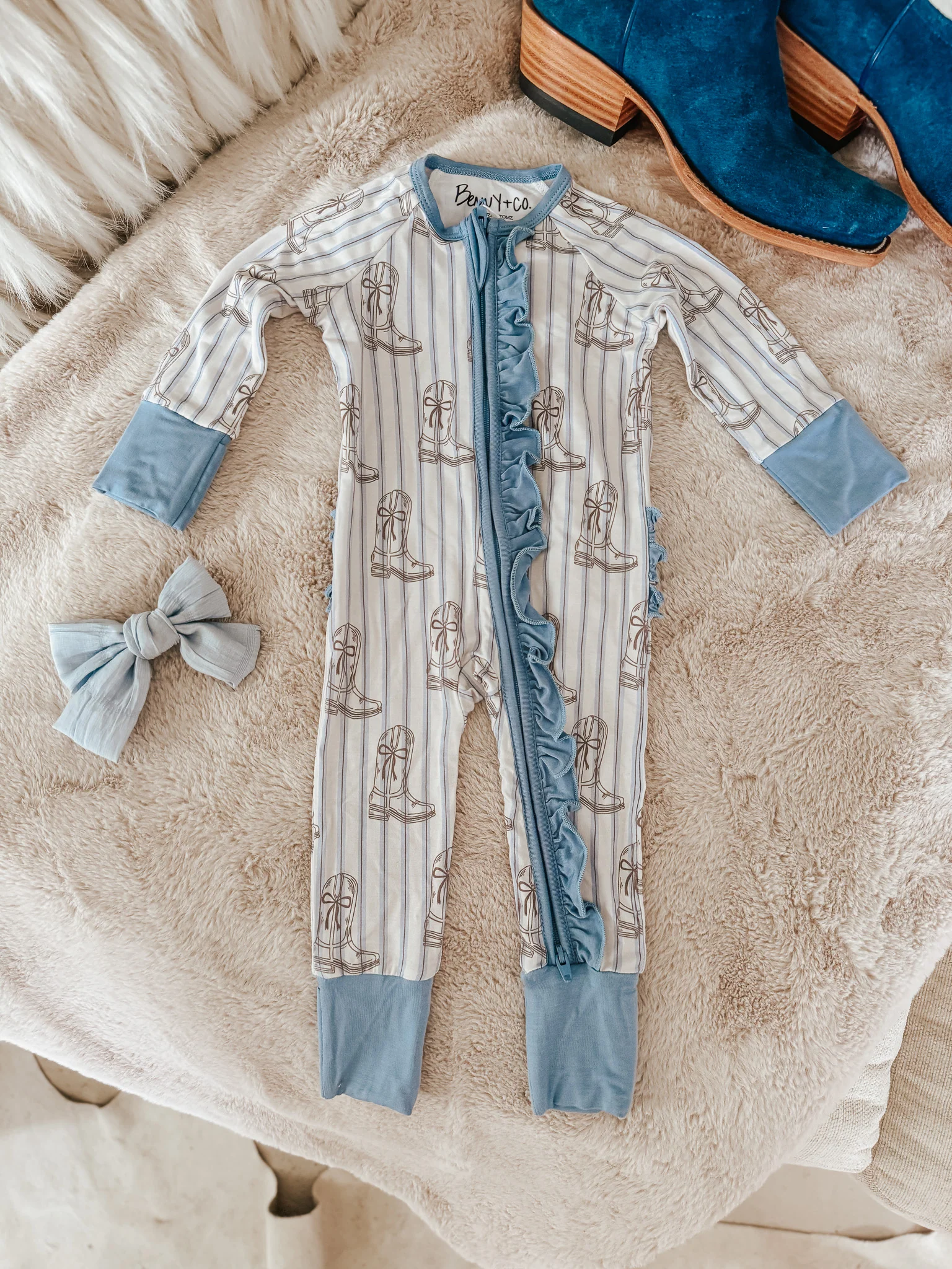 Western Blues Striped Bamboo Sleeper - Cowgirl Boot & Cowboy Hat - Image 11