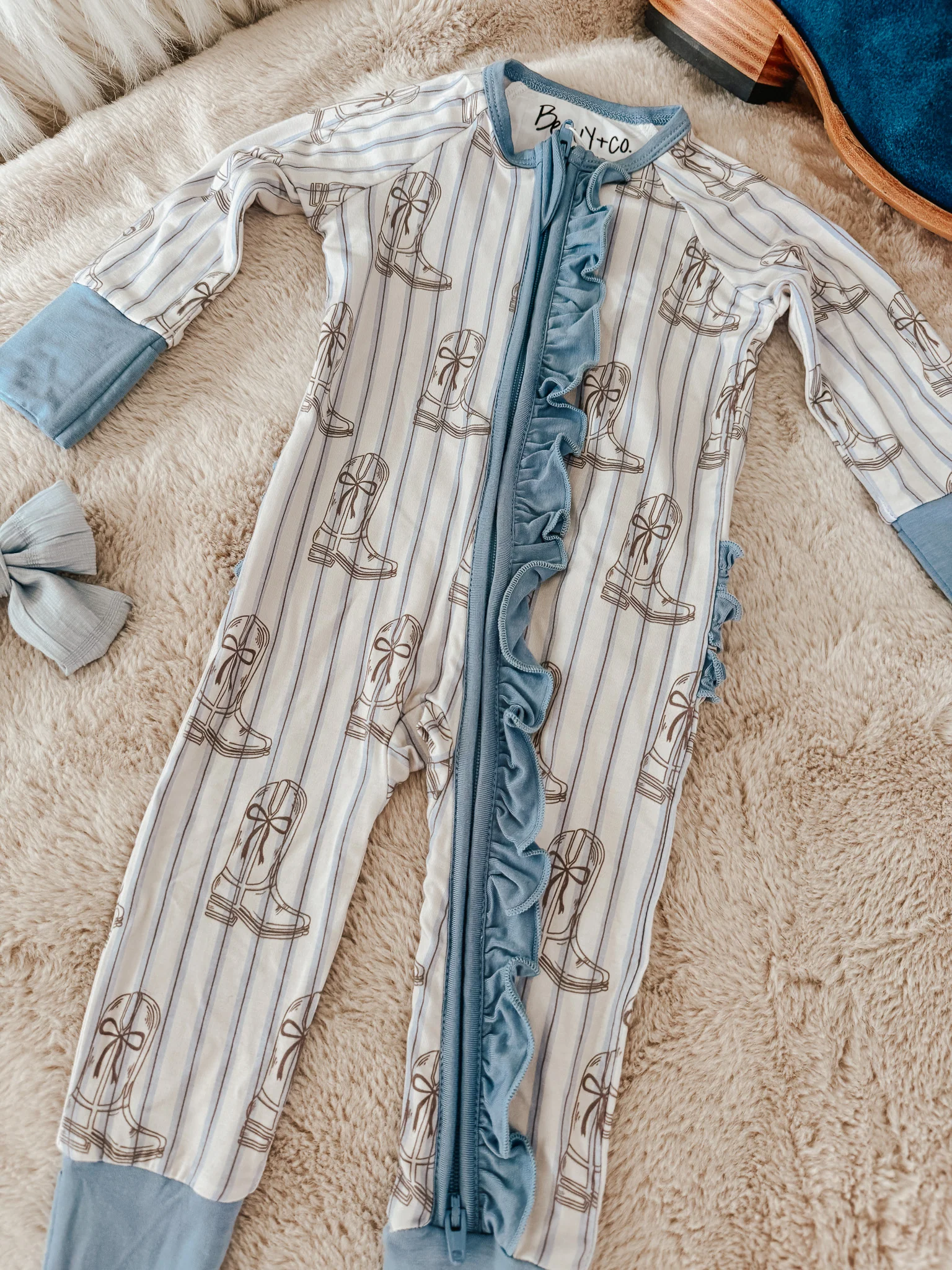 Western Blues Striped Bamboo Sleeper - Cowgirl Boot & Cowboy Hat - Image 12