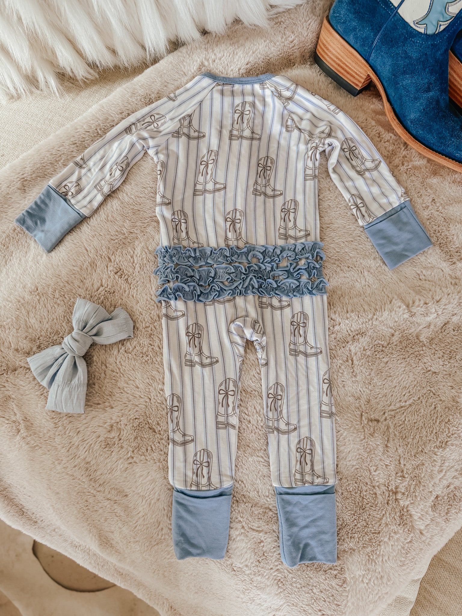 Western Blues Striped Bamboo Sleeper - Cowgirl Boot & Cowboy Hat - Image 13