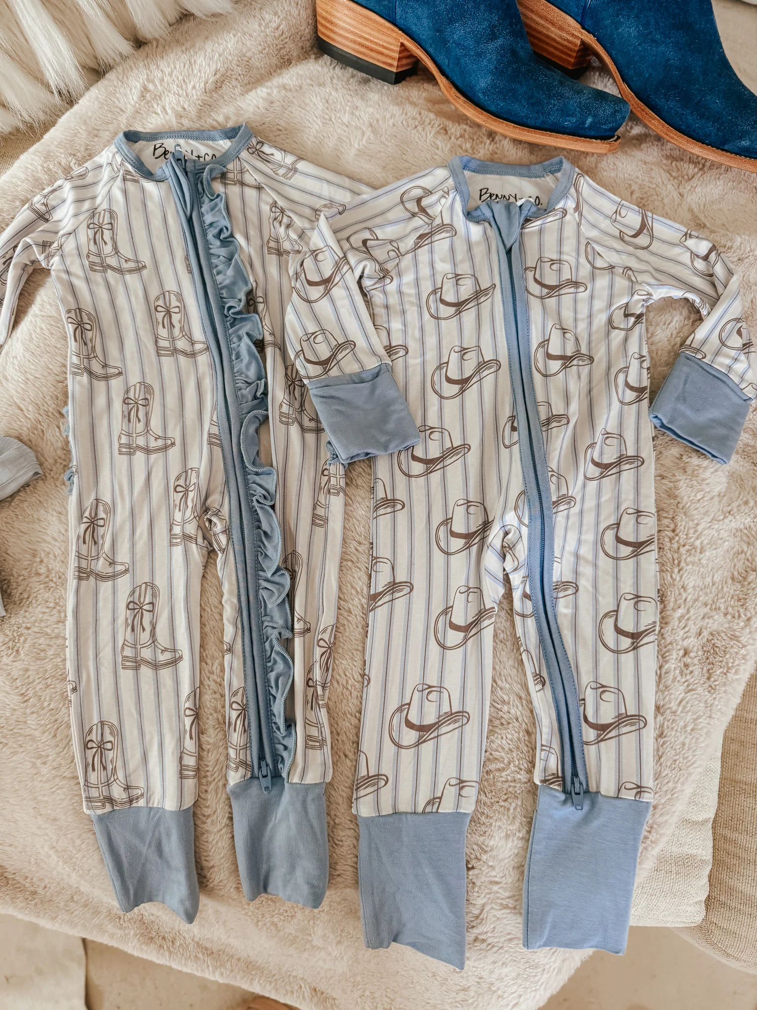 Western Blues Striped Bamboo Sleeper - Cowgirl Boot & Cowboy Hat - Image 16