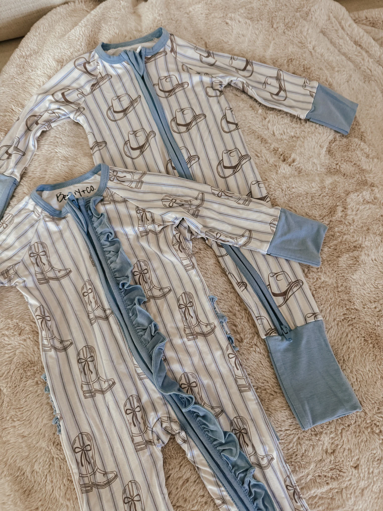 Western Blues Striped Bamboo Sleeper - Cowgirl Boot & Cowboy Hat - Image 23