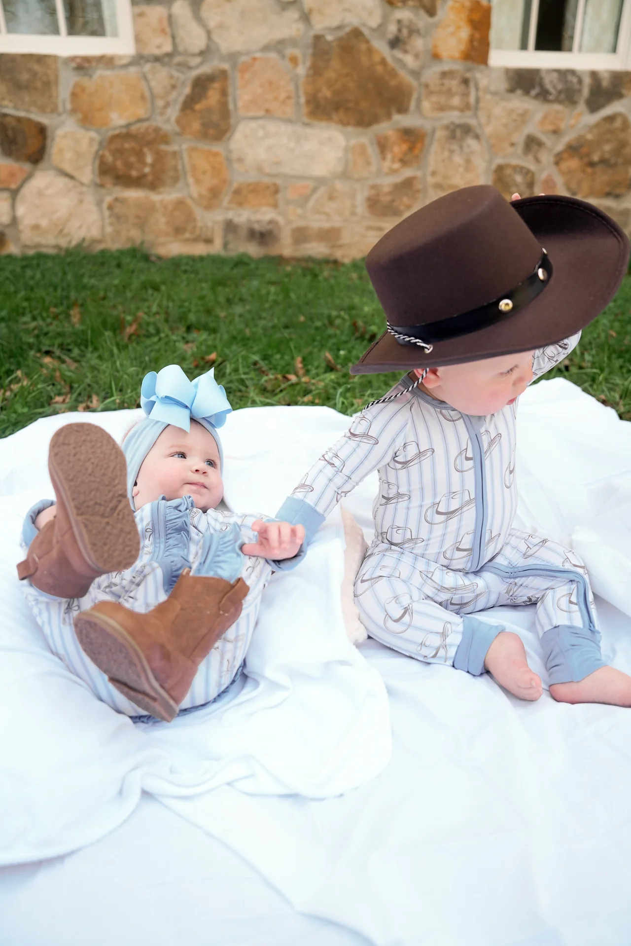 Western Blues Striped Bamboo Sleeper - Cowgirl Boot & Cowboy Hat - Image 9