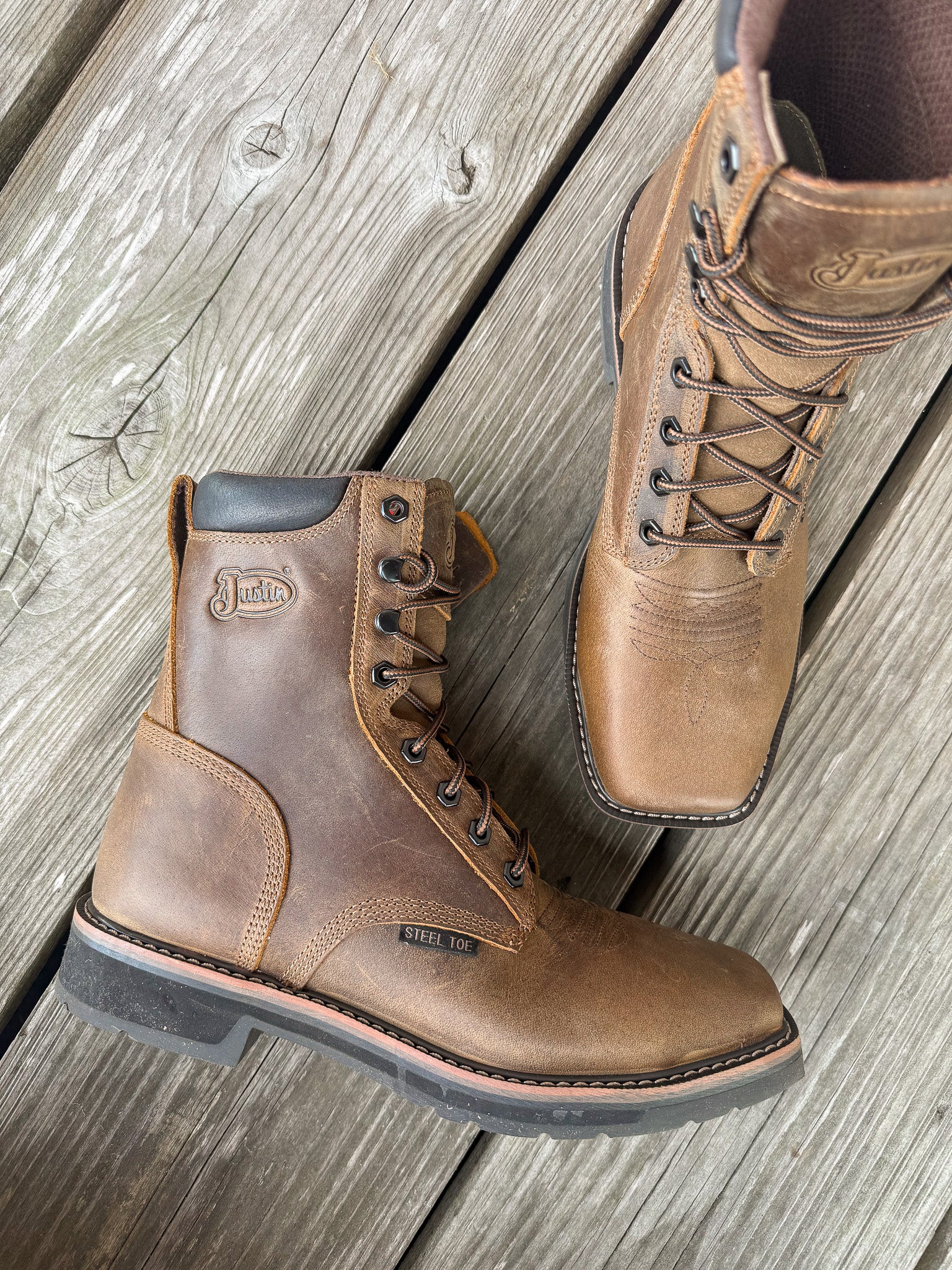 Men's Justin Pulley Lace Up Square Steel Toe Work Boots - Image 4